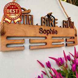 Swim, Bike, Run Medal Hangers - Wood Colours, Rope Or Standoffs, Custom Name & Size - thumbnail 1