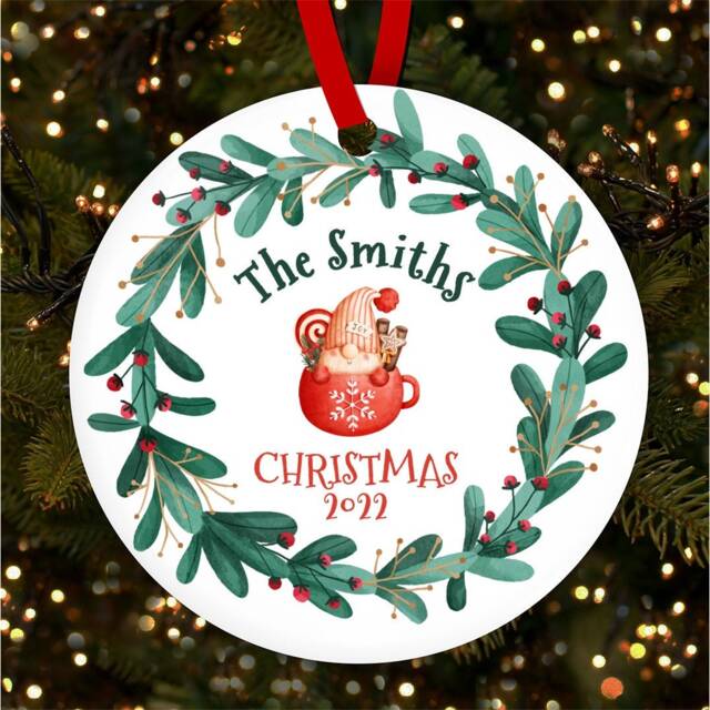 Family Name Gnome in Cup Round Personalised Christmas Tree Ornament Decoration