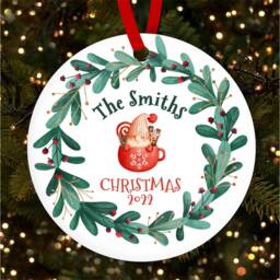 Family Name Gnome in Cup Round Personalised Christmas Tree Ornament Decoration