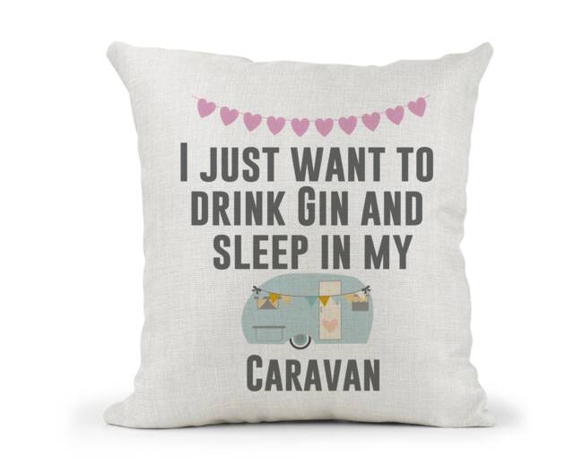 Personalised Caravan Fun Quote Cream Canvas Cushion, Scatter Home Decor, Friend Gift, Nan..drink Gin & Sleep in My - image 1