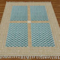 Hand Block Print Cotton Rug Olive Green Boho Kilim - thumbnail 4