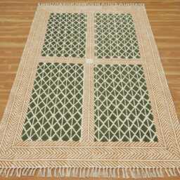Hand Block Print Cotton Rug Olive Green Boho Kilim - thumbnail 3