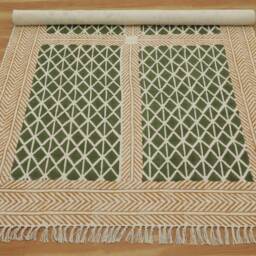 Hand Block Print Cotton Rug Olive Green Boho Kilim - thumbnail 2