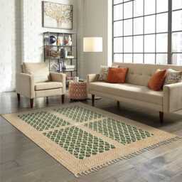 Hand Block Print Cotton Rug Olive Green Boho Kilim