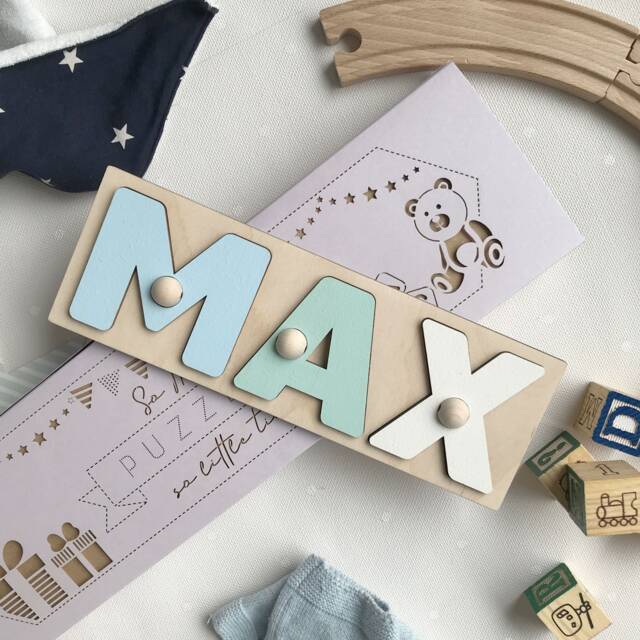 Baby Name Puzzle For First Birthday Shower Baptism Wooden Colorful Educational Toy With Pegs Safe Children - image 1
