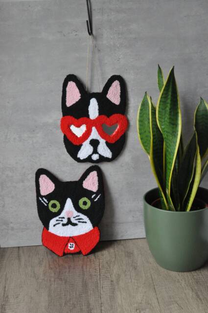Punch Needle Cat & French Bulldog Wall Hanging Tufted Home Decor - image 1