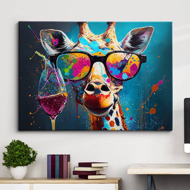 Giraffe Toasting Drink Glasses Animal Art Abstract Oil Painting Framed Poster Print & Canvas Wall Living Home Decor Interior Gift