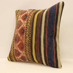Throw Pillow 16x16 Antique Turkish Kilim Cover Home Living Design Boho Vintage Rustic Throw Covers Old Cushion 4Kf-393 - thumbnail 3