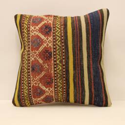 Throw Pillow 16x16 Antique Turkish Kilim Cover Home Living Design Boho Vintage Rustic Throw Covers Old Cushion 4Kf-393 - thumbnail 1