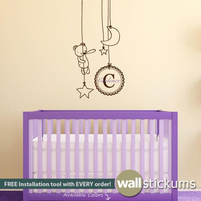 Monogram Wall Decal - Girl's Nursery Decor With Hanging Bear - image 1