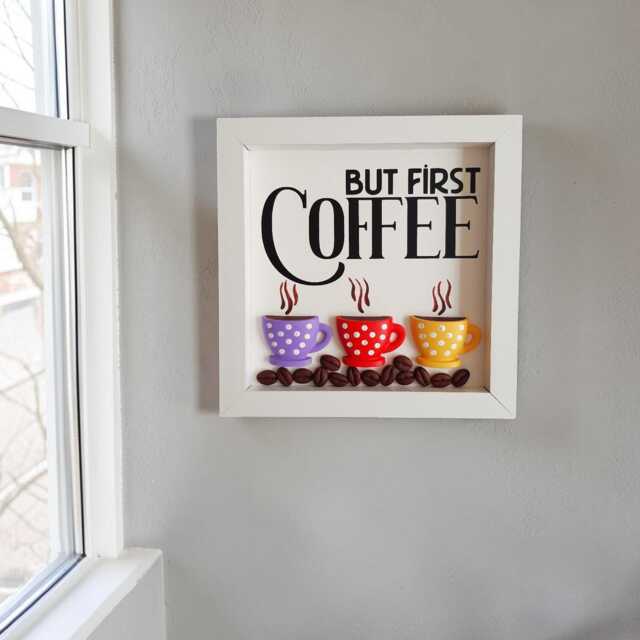 3D Coffee Wall Art, Miniature Clay Cups & Beans in White Framed Decor, Station Kitchen Lover Gift - image 1