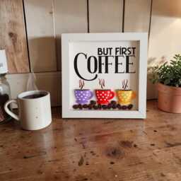 3D Coffee Wall Art, Miniature Clay Cups & Beans in White Framed Decor, Station Kitchen Lover Gift - thumbnail 2