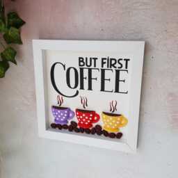 3D Coffee Wall Art, Miniature Clay Cups & Beans in White Framed Decor, Station Kitchen Lover Gift - thumbnail 4