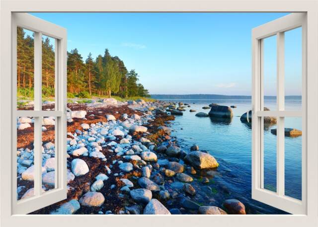 Rocks Wall Decal Mural, 3D Window View Decal, Sea Nature Sticker, Living Room Bedroom Home Decor