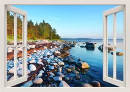 Rocks Wall Decal Mural, 3D Window View Decal, Sea Nature Sticker, Living Room Bedroom Home Decor