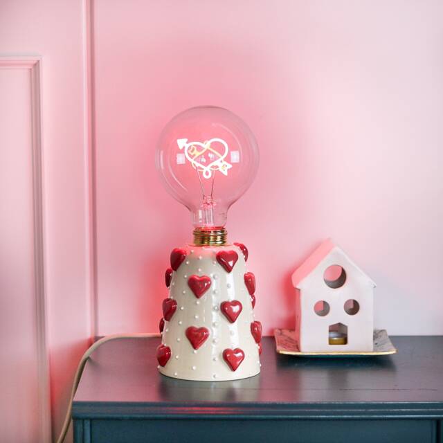 Ceramic Table Lamp With Hearts - Unique Bedside Decorated Red Bulb Included Housewarming Gift Made To Order - image 1
