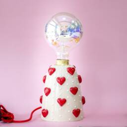Ceramic Table Lamp With Hearts - Unique Bedside Decorated Red Bulb Included Housewarming Gift Made To Order - thumbnail 3