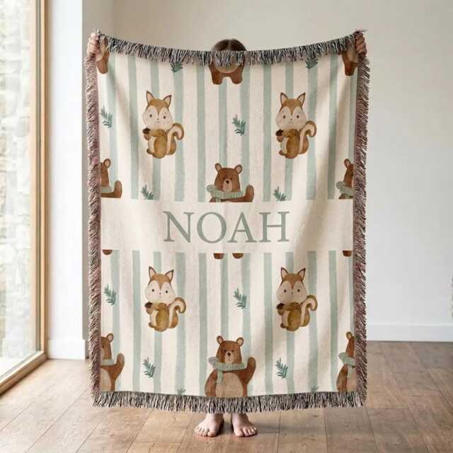 Custom Baby Name Woven Blanket, Woodland Nursery Personalized Squirrel Bear Throw, Shower Gift - image 1