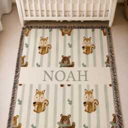 Custom Baby Name Woven Blanket, Woodland Nursery Personalized Squirrel Bear Throw, Shower Gift - thumbnail 3