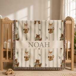 Custom Baby Name Woven Blanket, Woodland Nursery Personalized Squirrel Bear Throw, Shower Gift - thumbnail 2