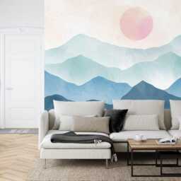 Wallpaper, Blue Mountains Watercolor Wall Mural, Pink Sun, Boho Decor, Peel & Stick - thumbnail 2
