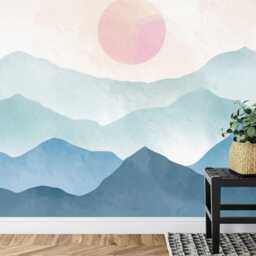 Wallpaper, Blue Mountains Watercolor Wall Mural, Pink Sun, Boho Decor, Peel & Stick - thumbnail 3