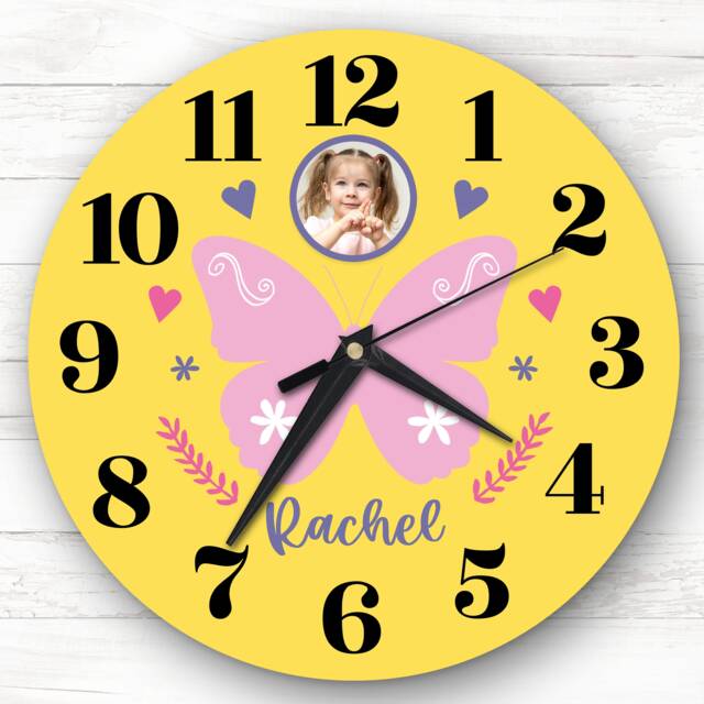 Girls Room Butterfly Yellow Photo Custom Gift Personalised Clock - image 1