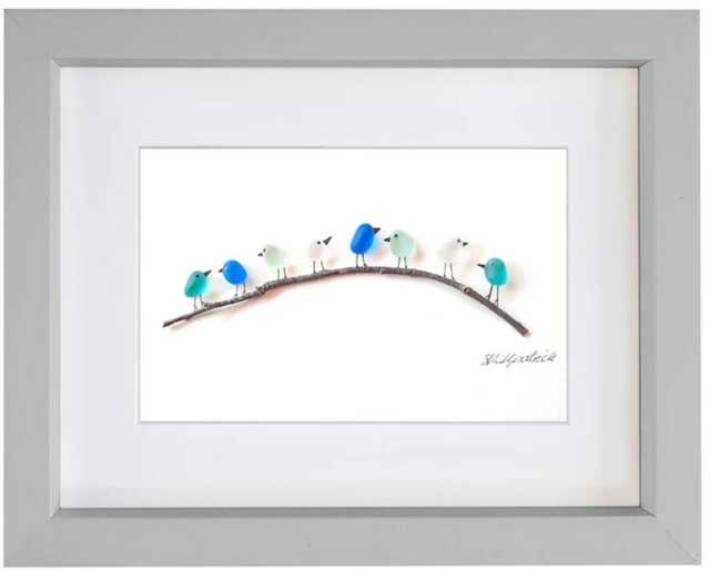 Sea Glass & Driftwood Picture - Framed Handmade Wall Art Ocean Spray Birds On Branch - image 1