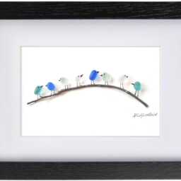 Sea Glass & Driftwood Picture - Framed Handmade Wall Art Ocean Spray Birds On Branch - thumbnail 3