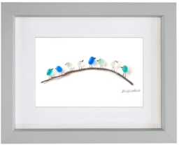 Sea Glass & Driftwood Picture - Framed Handmade Wall Art Ocean Spray Birds On Branch - thumbnail 1