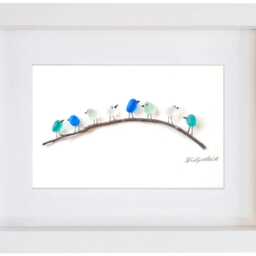 Sea Glass & Driftwood Picture - Framed Handmade Wall Art Ocean Spray Birds On Branch - thumbnail 2