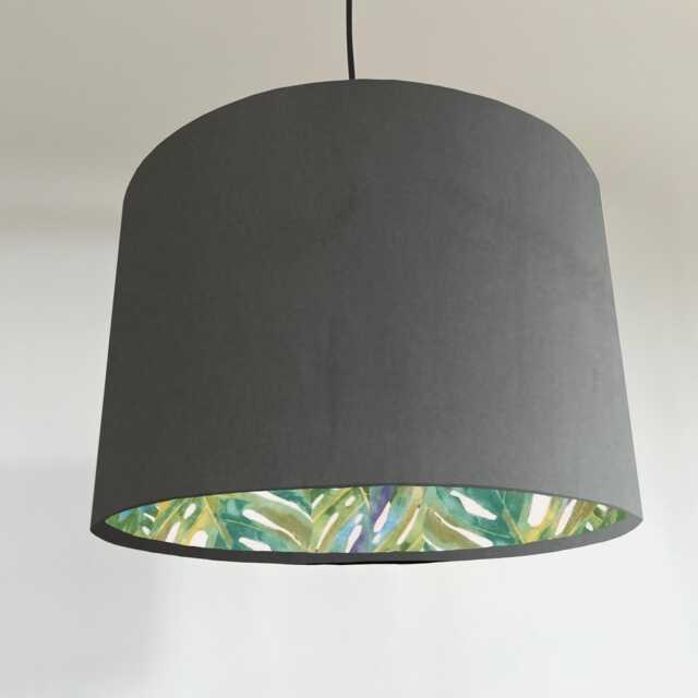 Grey Velvet Drum Lampshade, Double Sided Lampshade With Palm Leaves Cotton Interior, Ceiling Light Shade - image 1