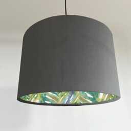 Grey Velvet Drum Lampshade, Double Sided Lampshade With Palm Leaves Cotton Interior, Ceiling Light Shade - thumbnail 1