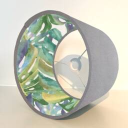 Grey Velvet Drum Lampshade, Double Sided Lampshade With Palm Leaves Cotton Interior, Ceiling Light Shade - thumbnail 3