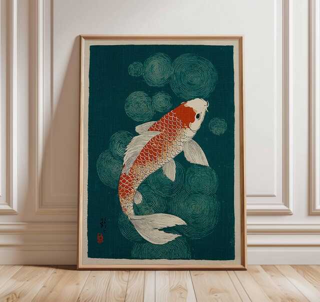 Koi Fish Art Print, Japanese Style Wall Art, Red & Gold Poster, Minimalist Ocean Artwork, Zen Nature Decor For Modern Home - image 1