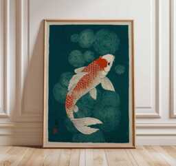 Koi Fish Art Print, Japanese Style Wall Art, Red & Gold Poster, Minimalist Ocean Artwork, Zen Nature Decor For Modern Home - thumbnail 1