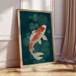 Koi Fish Art Print, Japanese Style Wall Art, Red & Gold Poster, Minimalist Ocean Artwork, Zen Nature Decor For Modern Home - thumbnail 2