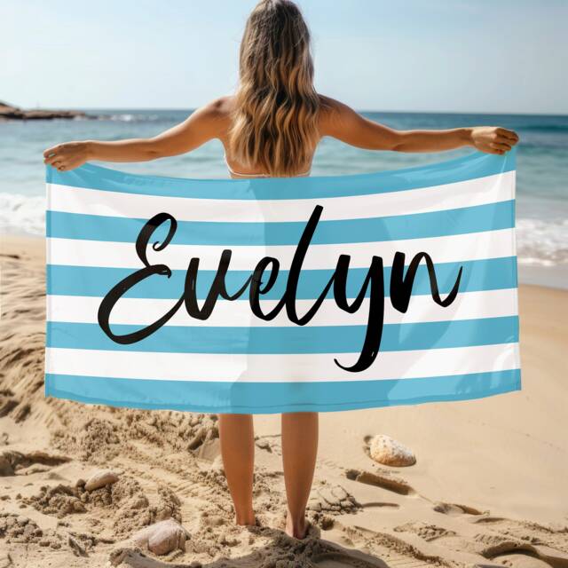 stripe Name Beach Towel, Personalized Monogram Pool Signature Towel For Kids, Vacation Gift, Picnic - image 1