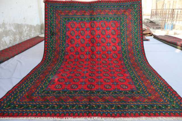 7x10 Red Afghan Rug, Hand Knotted Soft Pile Wool Oriental Area Turkmen Tribal Bukhara Rug - Rugs For Living Room, Bedroom - image 1