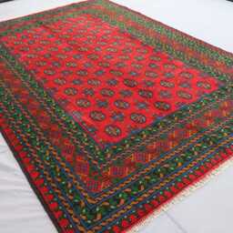 7x10 Red Afghan Rug, Hand Knotted Soft Pile Wool Oriental Area Turkmen Tribal Bukhara Rug - Rugs For Living Room, Bedroom - thumbnail 2