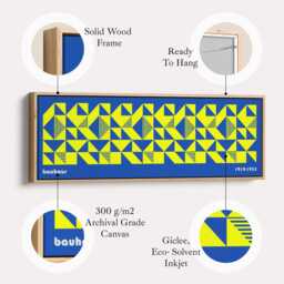 Yellow Blue Geometric Bauhaus Wall Art Horizontal Framed Canvas Long Retro Style Panoramic Print For Living Room Hallway Or Bedroom - thumbnail 2