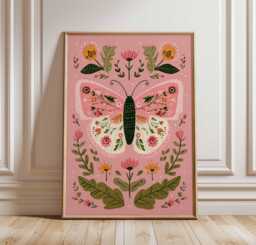 Vibrant Butterfly Art Print, Boho Botanical Poster, Cottagecore Wall Art, Pink & Green Gallery Wall, Modern Folk Nature Lover Gift - thumbnail 1