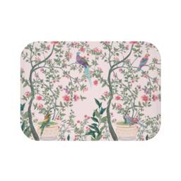 Chinoiserie Bath Mat - Non Slip Backing Oriental Bird Garden Pink Whimsical Floral Design Charming Asian Botanical Bathroom Accessory