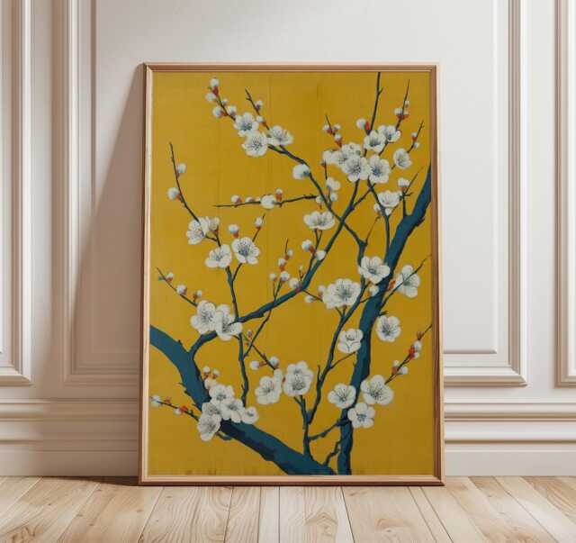 Cherry Blossom Poster Print, Yellow Floral Wall Art, Japanese Plum Tree Decor, Oriental Flower - image 1