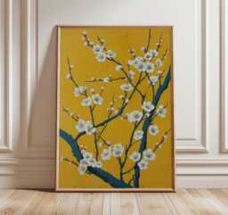 Cherry Blossom Poster Print, Yellow Floral Wall Art, Japanese Plum Tree Decor, Oriental Flower - thumbnail 1