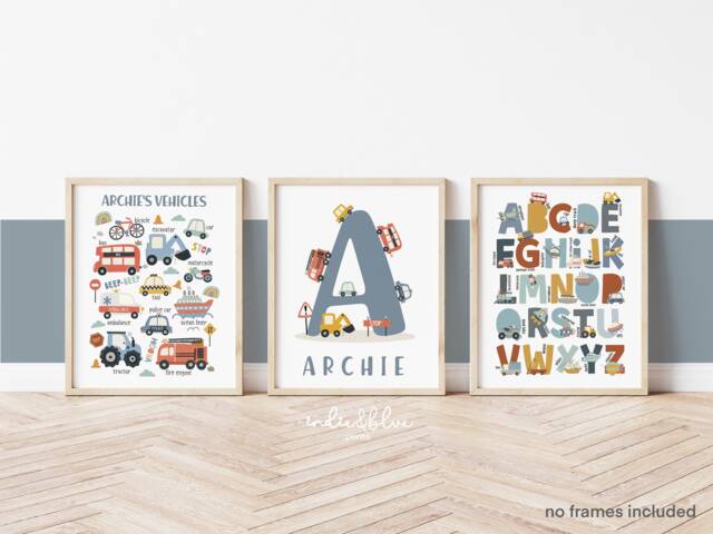Personalised Set Of 3 Transport Posters, Vehicle Alphabet Print, Cars Chart Boy Bedroom Decor, Playroom Prints, Scandi Kids Ar - image 1