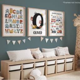 Personalised Set Of 3 Transport Posters, Vehicle Alphabet Print, Cars Chart Boy Bedroom Decor, Playroom Prints, Scandi Kids Ar - thumbnail 3