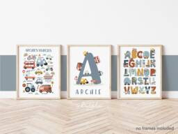 Personalised Set Of 3 Transport Posters, Vehicle Alphabet Print, Cars Chart Boy Bedroom Decor, Playroom Prints, Scandi Kids Ar - thumbnail 1