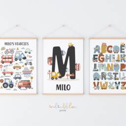 Personalised Set Of 3 Transport Posters, Vehicle Alphabet Print, Cars Chart Boy Bedroom Decor, Playroom Prints, Scandi Kids Ar - thumbnail 2