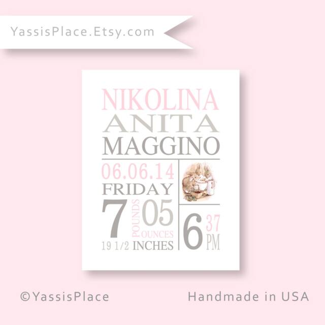 Peter Rabbit Nursery - Birth Stats Print Baby Girl Wall Art Beatrix Potter Pink Gray Decor Birth Announcement Personalized Name Yassisplace - image 1